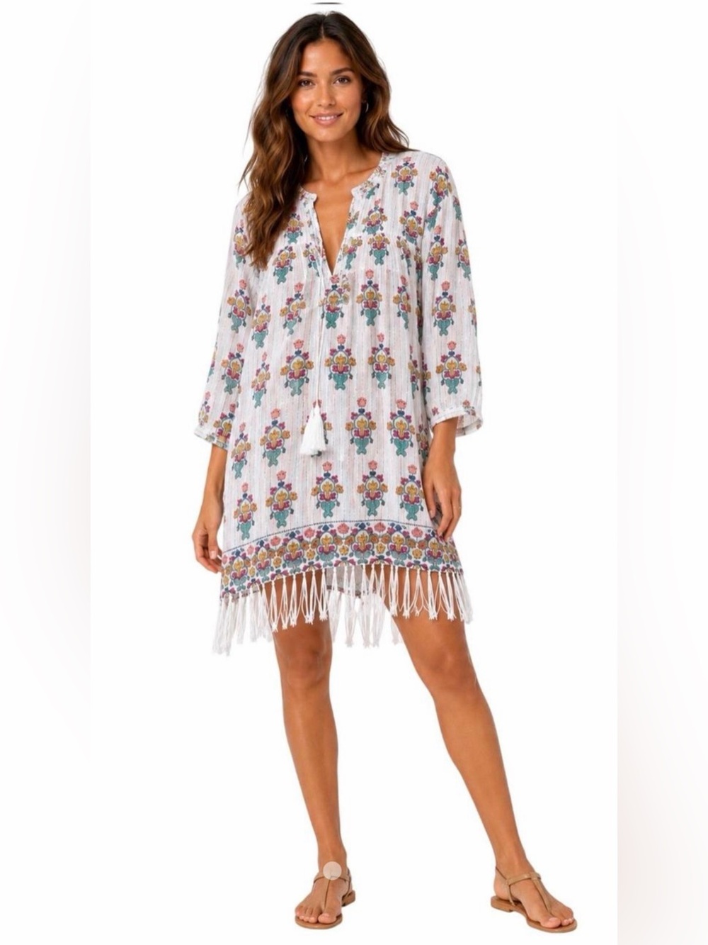 Roller Rabbit Floral Metallic Stripe Tassel Fringe Tunic Dress, Size XS